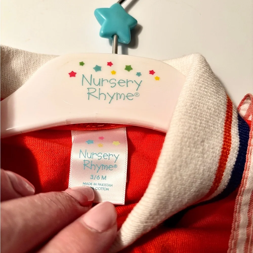 Nursery Rhyme 2 Piece overalls 3-6 Months, Red Stripes Embroidered Animals - Picture 6 of 7